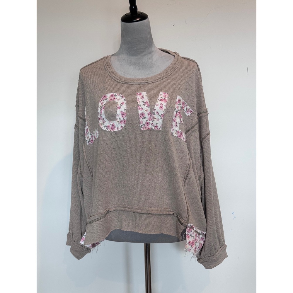 POL Loving You Beige Waffle Knit LOVE Floral Top Small cottagecore boutique NWT